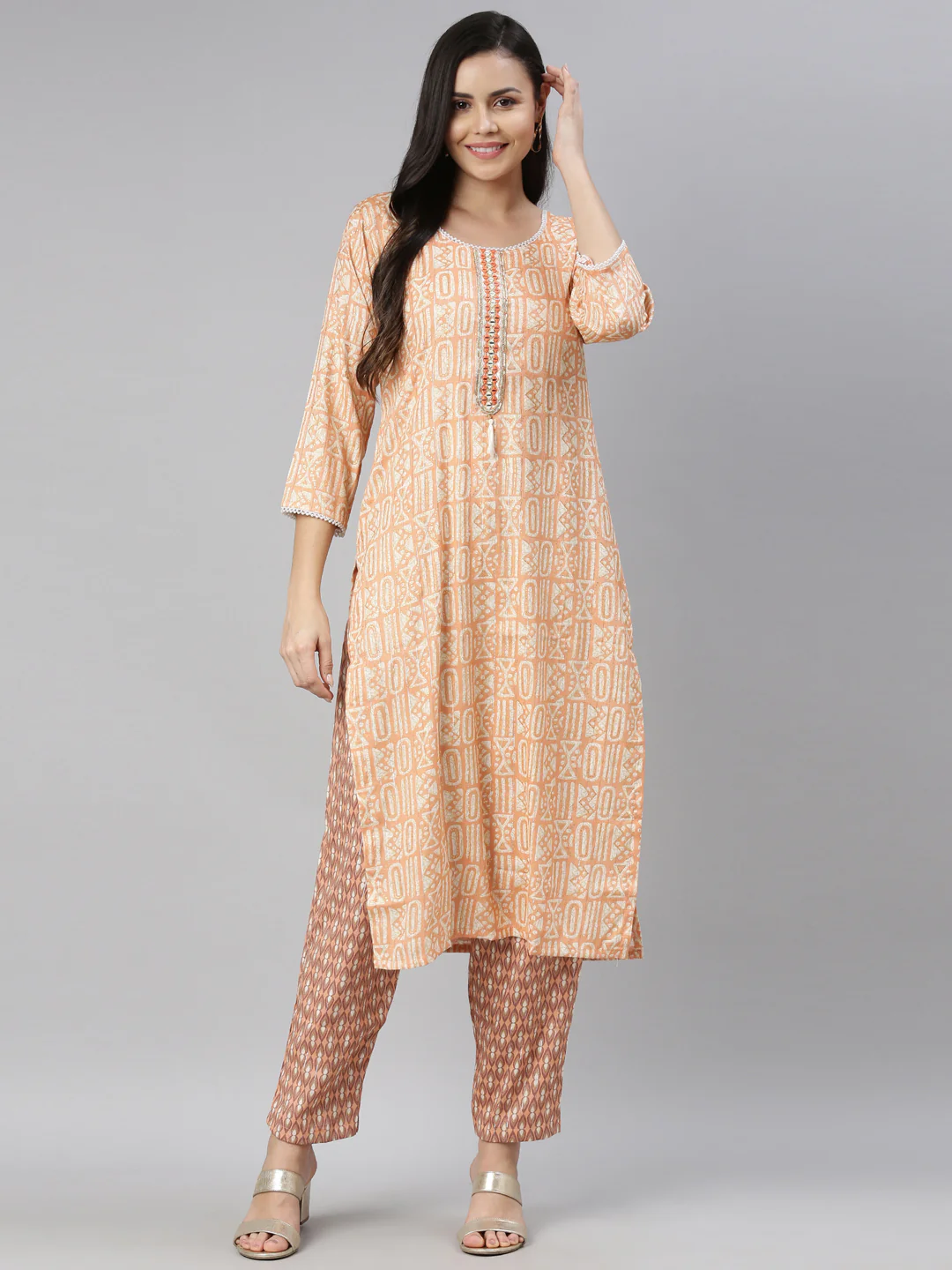 Neerus Orange Color Rayon Fabric Kurta - Image 6