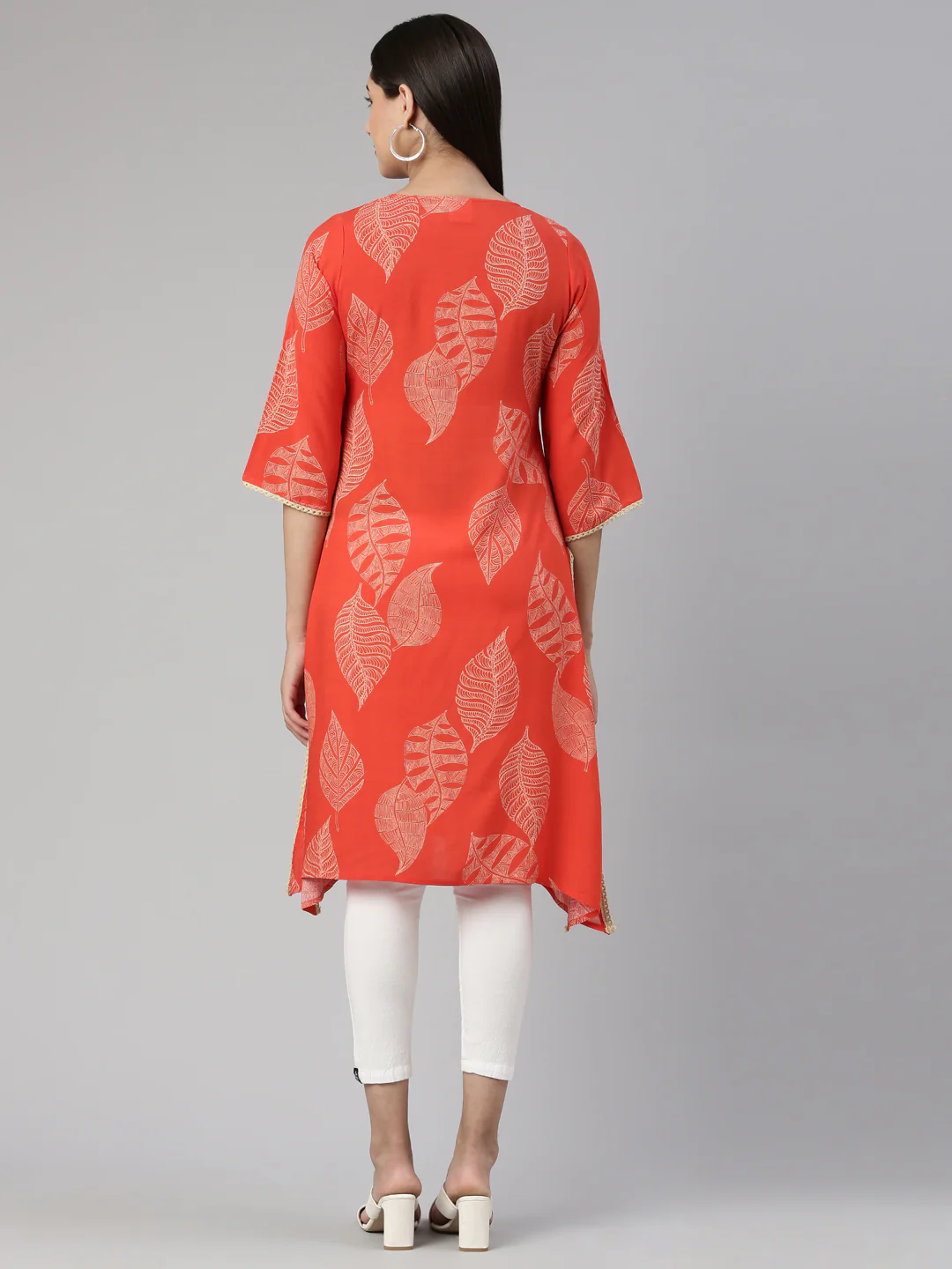 Neerus Orange Curved Cotton Kurta - Image 3