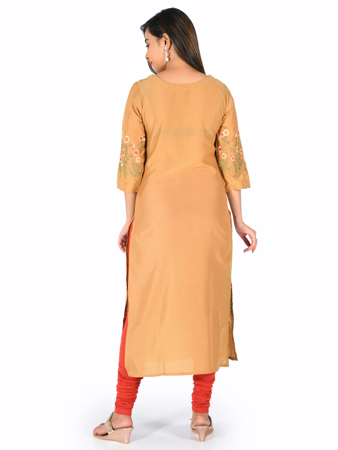 Neerus Orange Embroidered Straight Kurta - Image 3
