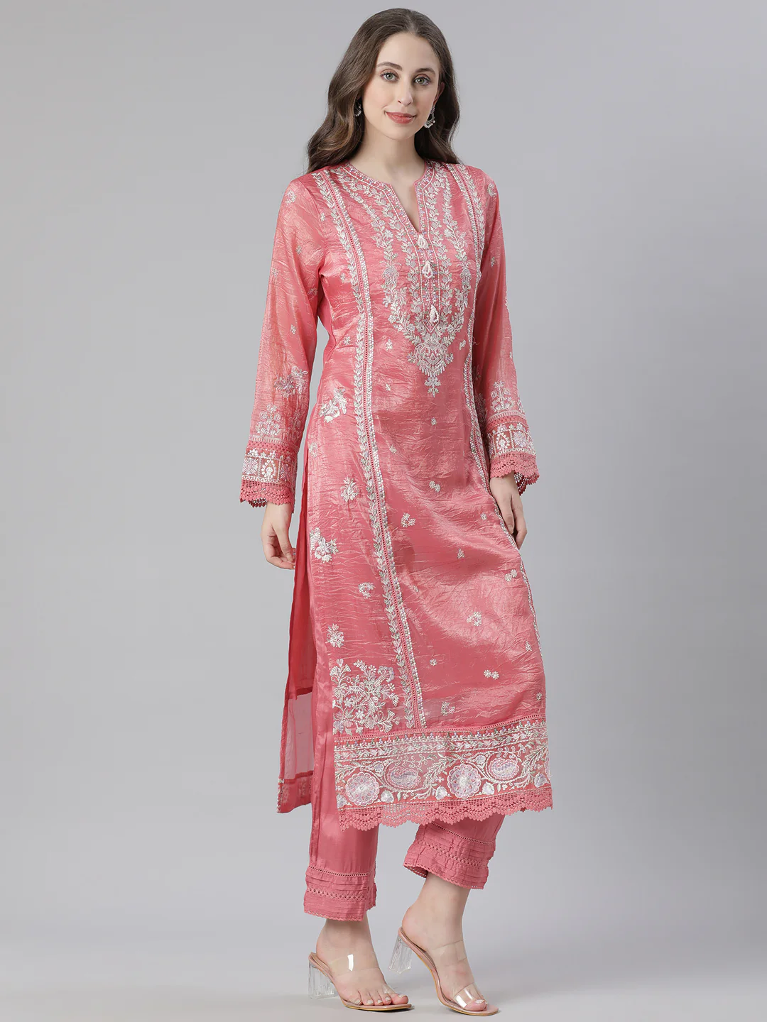 Neerus Orange Embroidered Straight Kurta and Trousers With Dupatta - Image 2