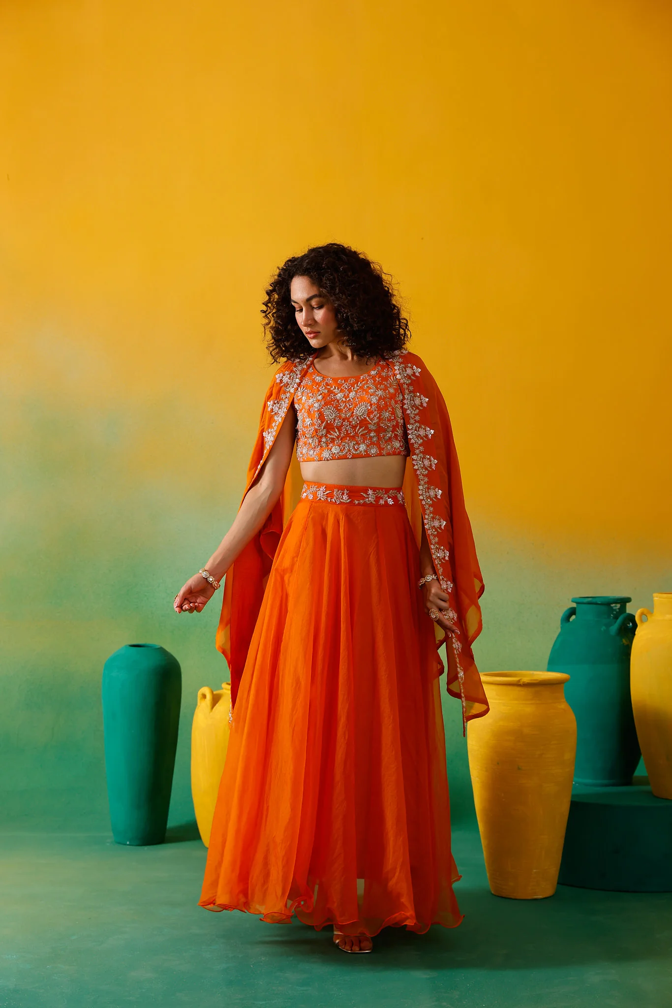 Neerus Orange Embroidery work Organza Fabric Ghagra Set - Image 6
