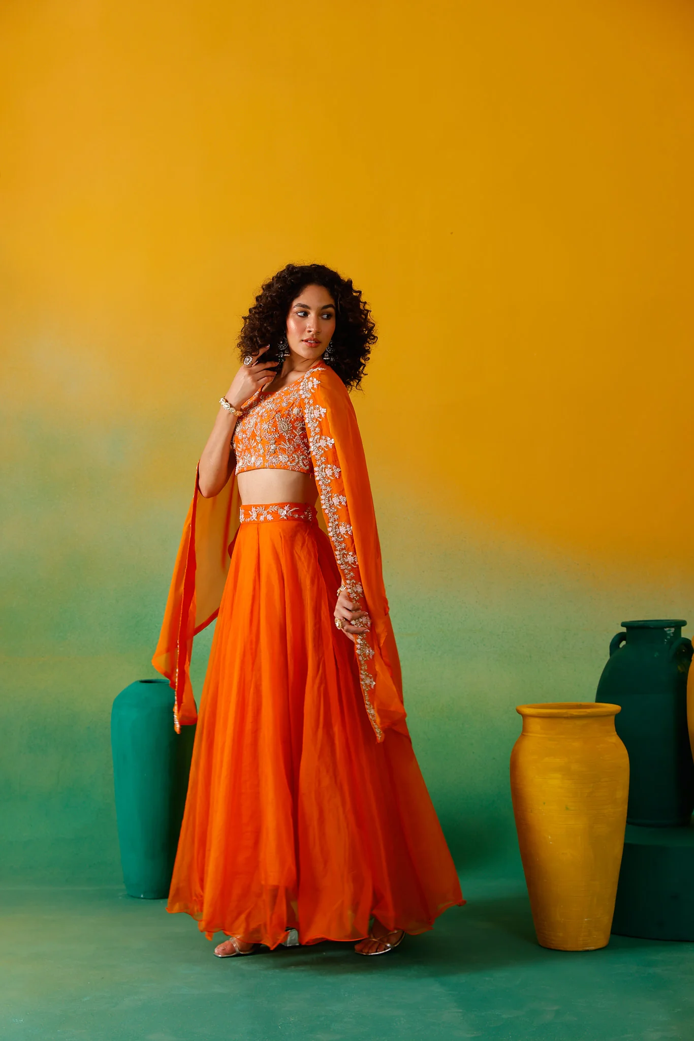 Neerus Orange Embroidery work Organza Fabric Ghagra Set - Image 9