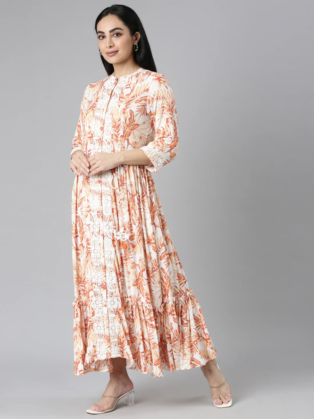 Neerus Orange Flared Casual Floral Maxi Dresses - Image 2