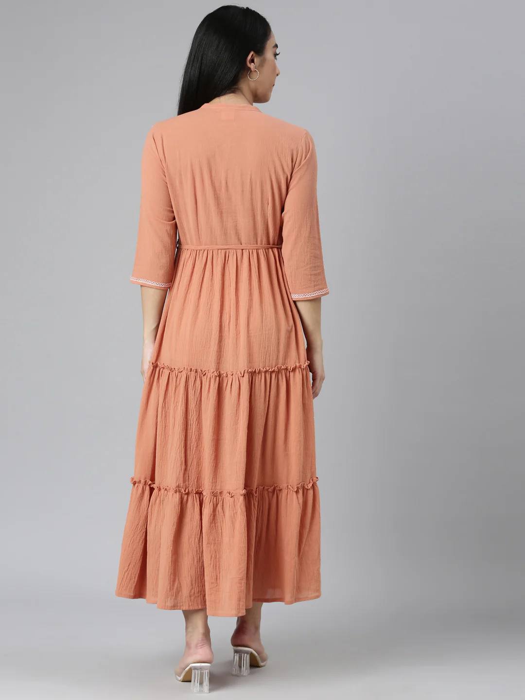 Neerus Orange Flared Casual Solid Maxi Dresses - Image 3
