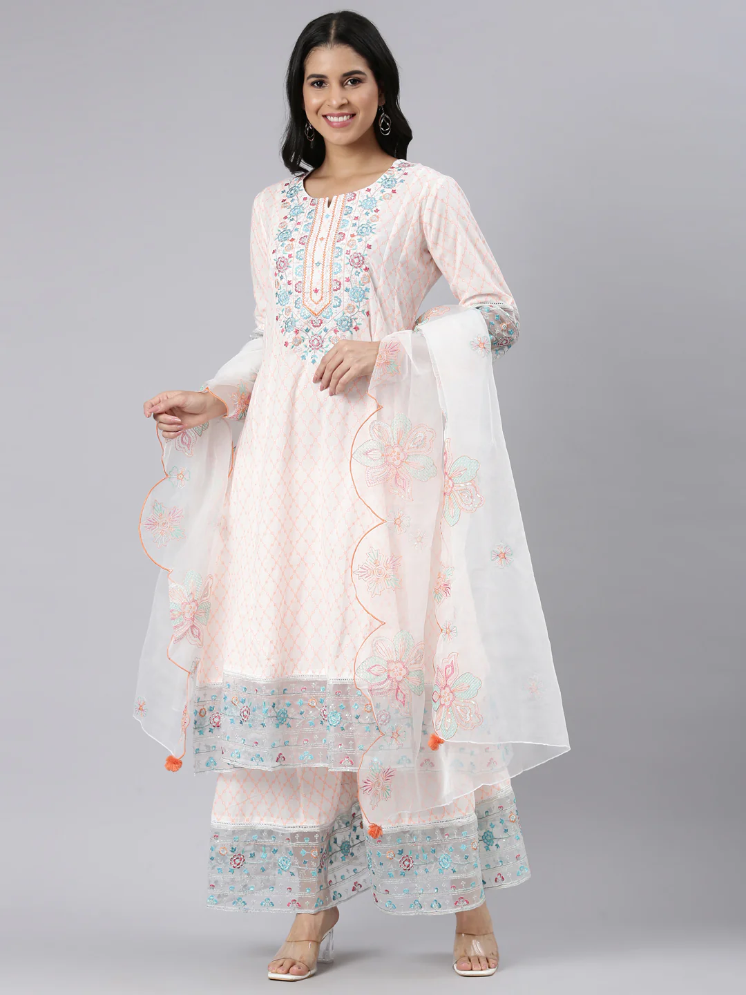 Neerus Orange Panelled Curved Printed Kurta and Palazzos With Dupatta - Image 5