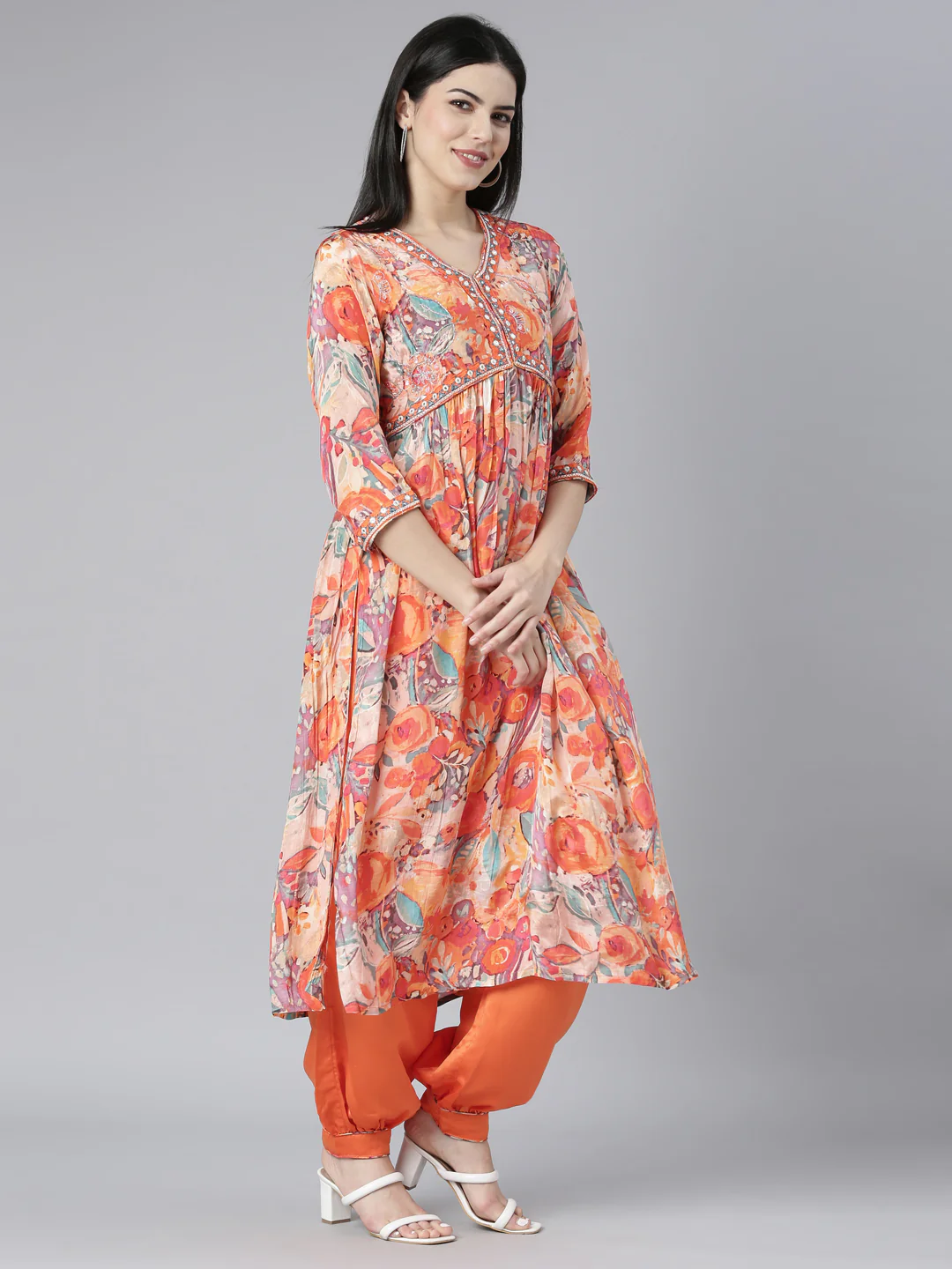 Neerus Orange Pleated Straight Floral Kurta And Salwar With Dupatta - Image 2