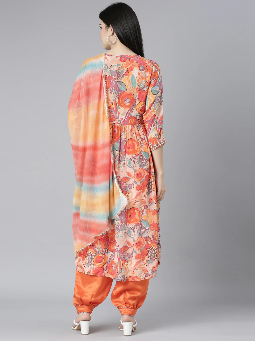 Neerus Orange Pleated Straight Floral Kurta And Salwar With Dupatta - Image 3