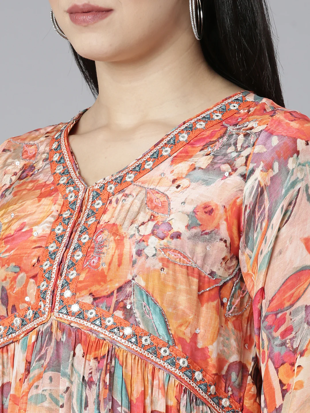 Neerus Orange Pleated Straight Floral Kurta And Salwar With Dupatta - Image 4