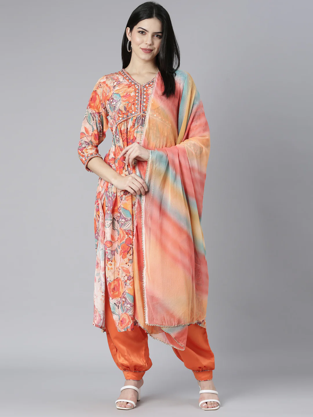 Neerus Orange Pleated Straight Floral Kurta And Salwar With Dupatta - Image 5