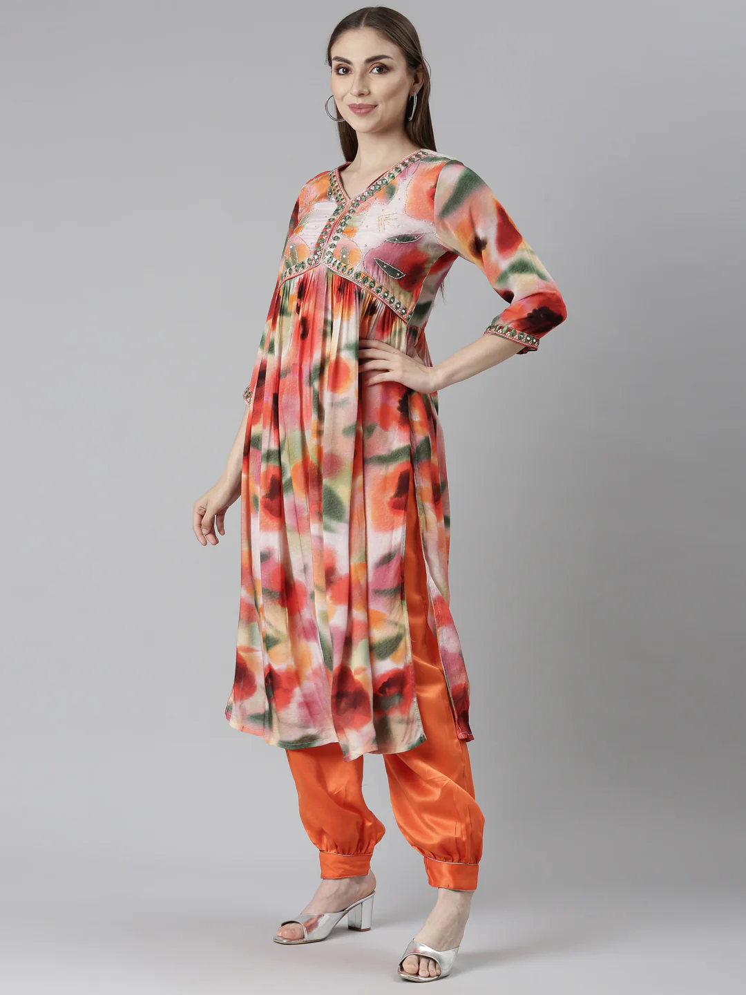 Neerus Orange Pleated Straight Floral Kurta And Salwar With Dupatta - Image 2