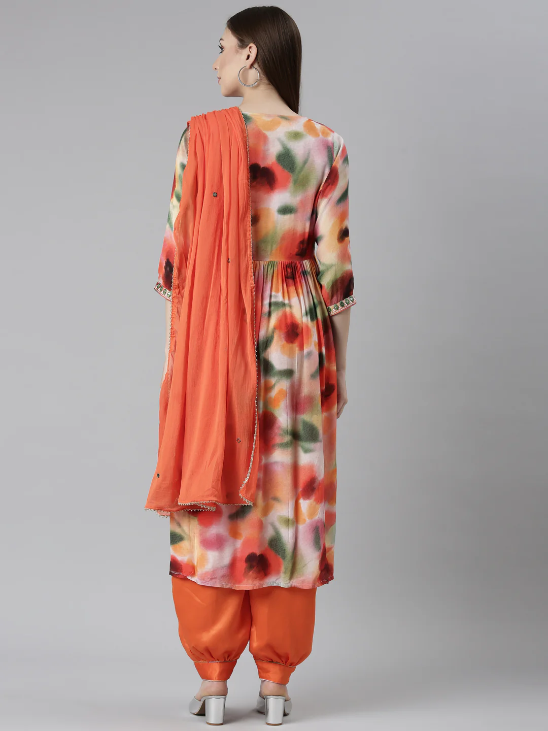 Neerus Orange Pleated Straight Floral Kurta And Salwar With Dupatta - Image 3
