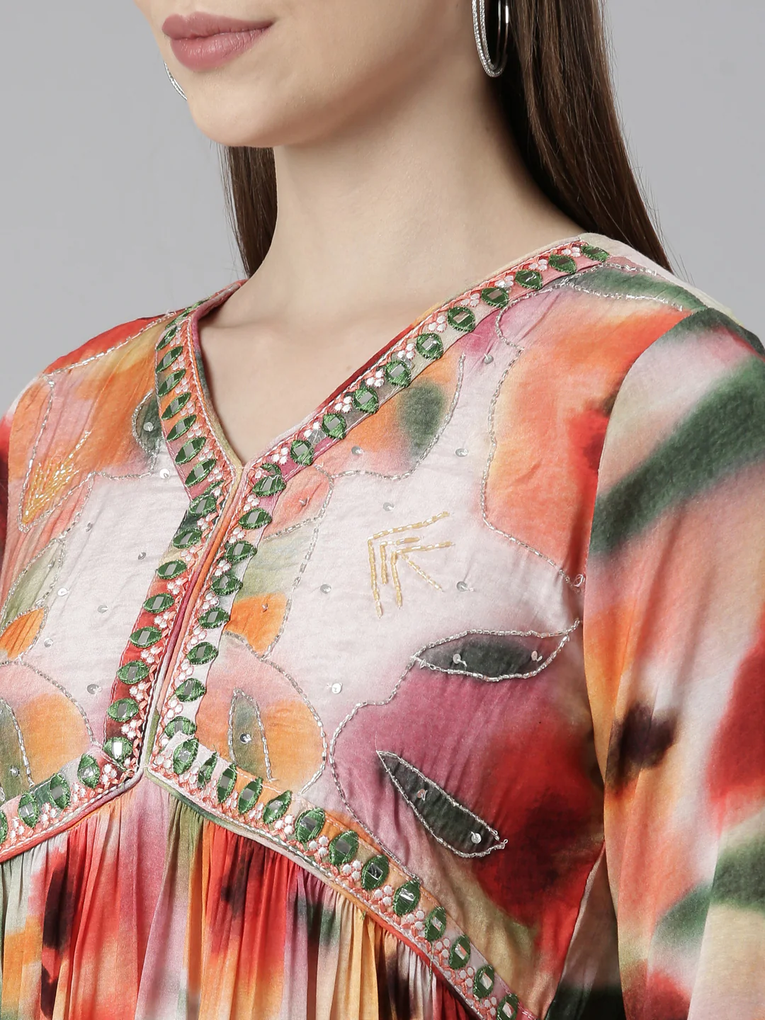 Neerus Orange Pleated Straight Floral Kurta And Salwar With Dupatta - Image 4