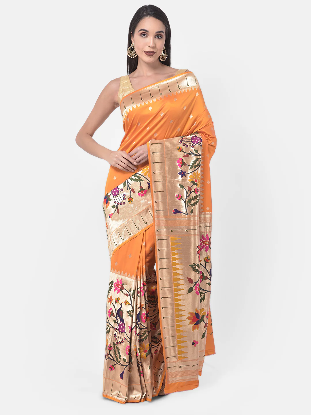 Neerus Orange Printed Saree With Blouse