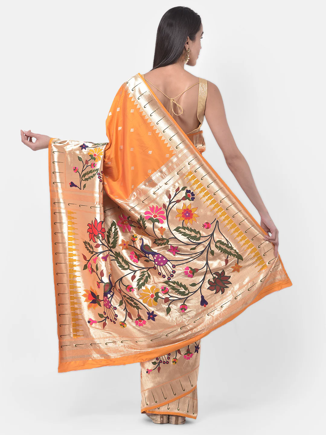 Neerus Orange Printed Saree With Blouse - Image 2
