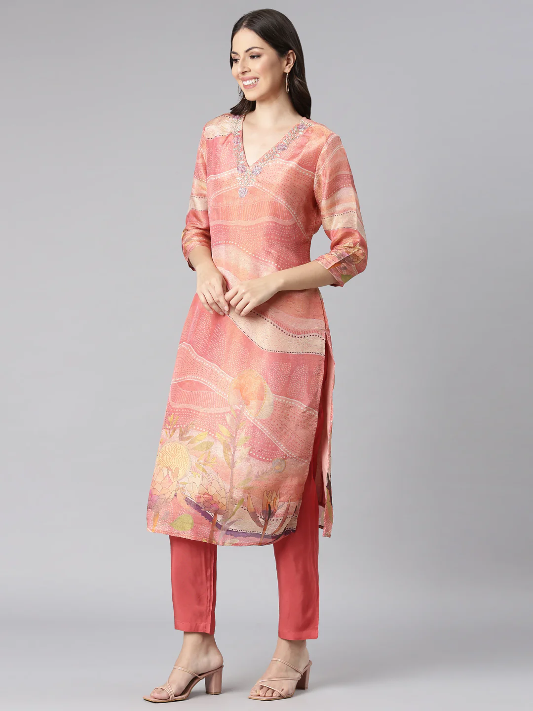 Neerus Orange Printed Straight Kurta and Trousers With Dupatta - Image 2