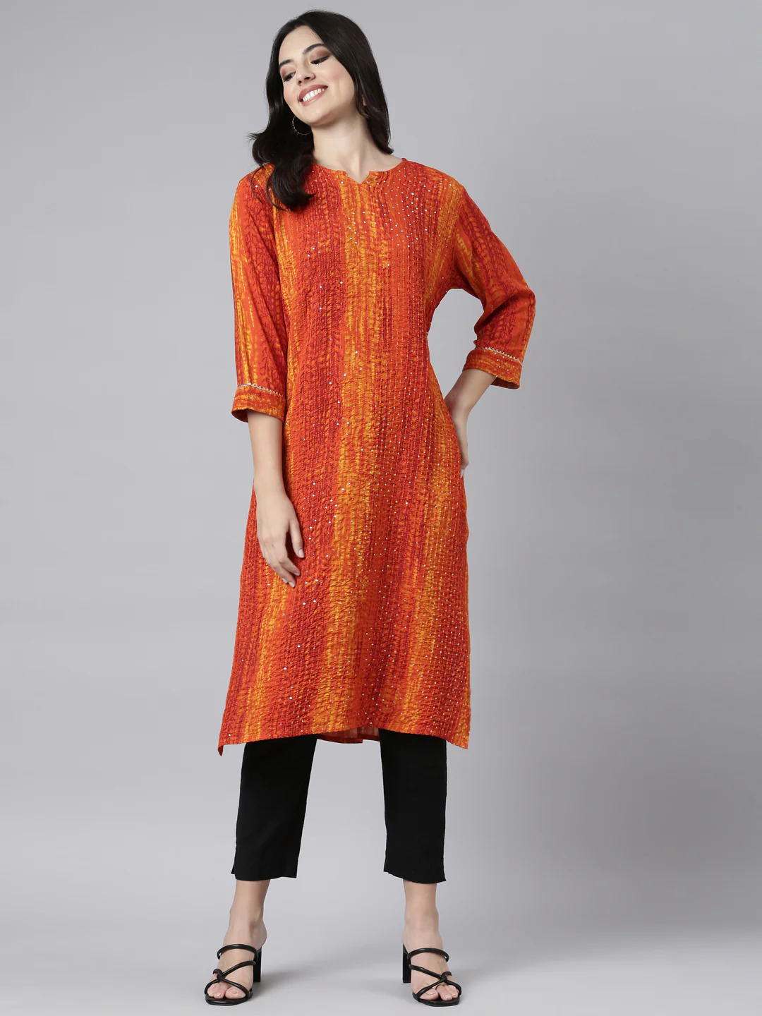 Neerus Orange Regular Straight Embellished Kurta - Image 5