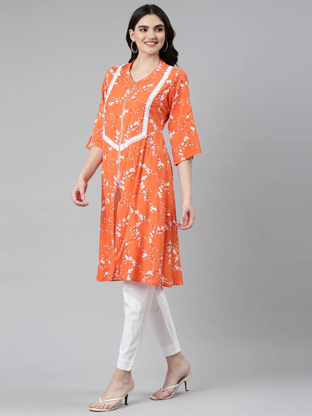 Neerus Orange Regular Straight Solid Kurta - Image 2