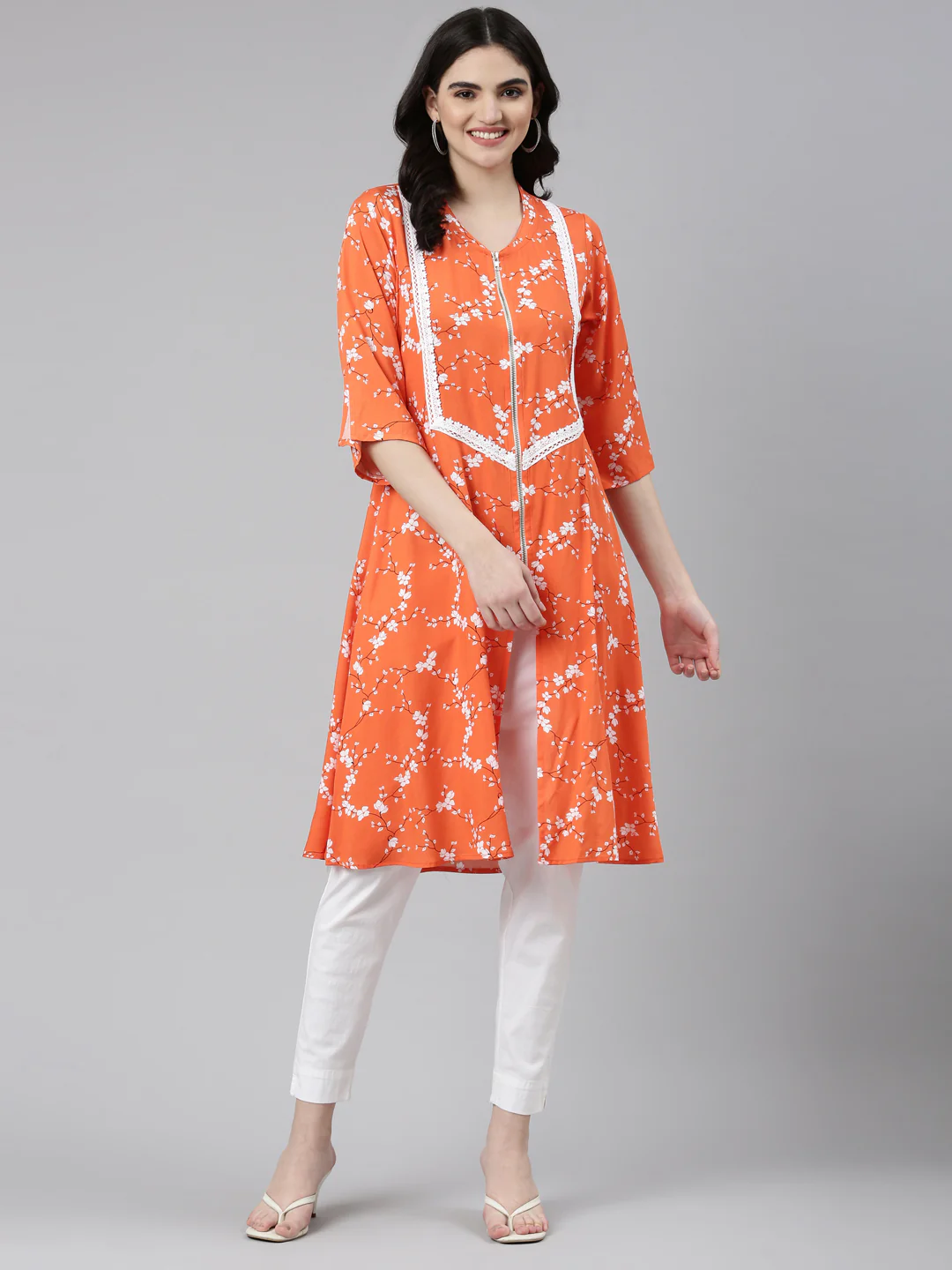 Neerus Orange Regular Straight Solid Kurta - Image 5