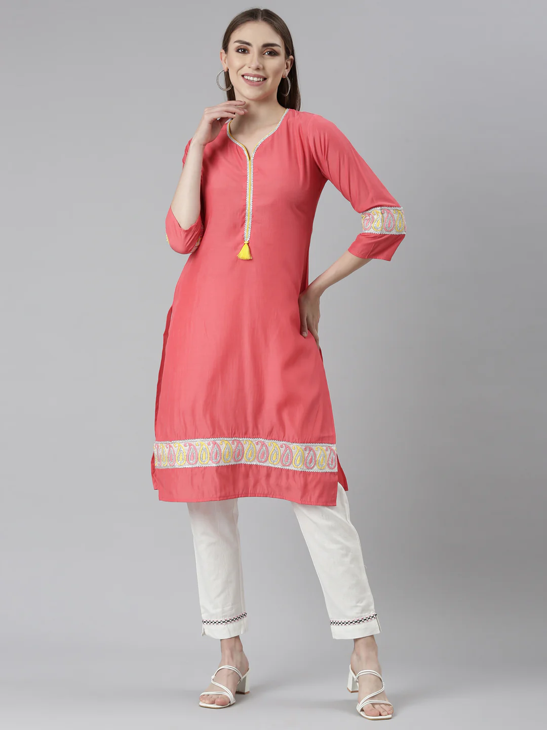 Neerus Orange Regular Straight Solid Kurta - Image 5