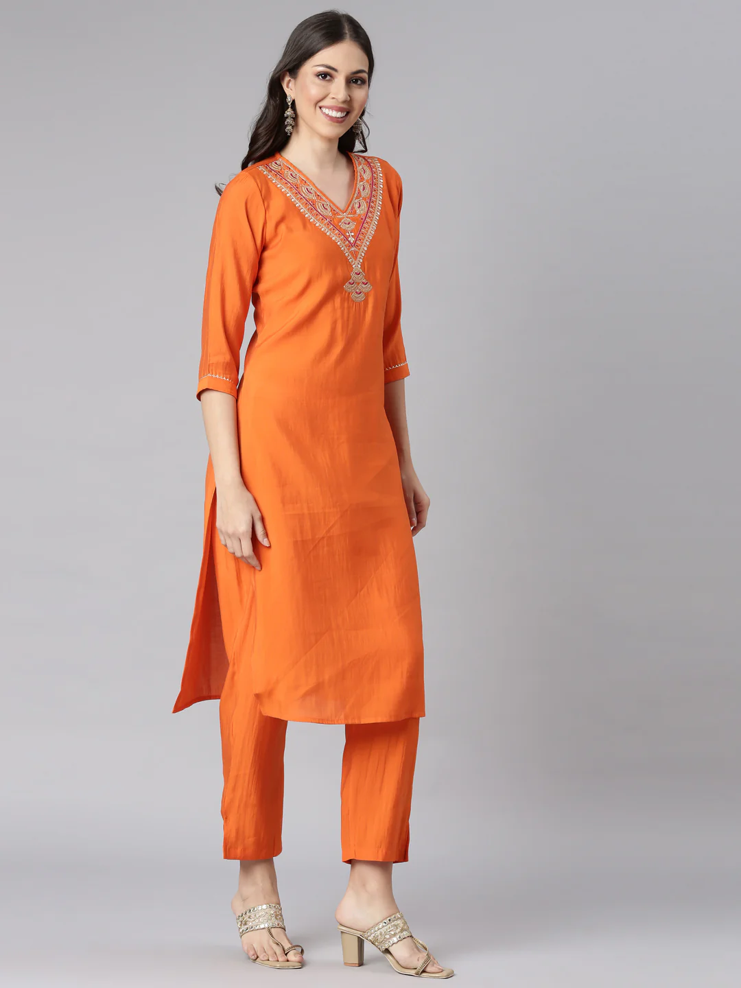 Neerus Orange Solid Straight Kurta and Trousers With Dupatta - Image 2