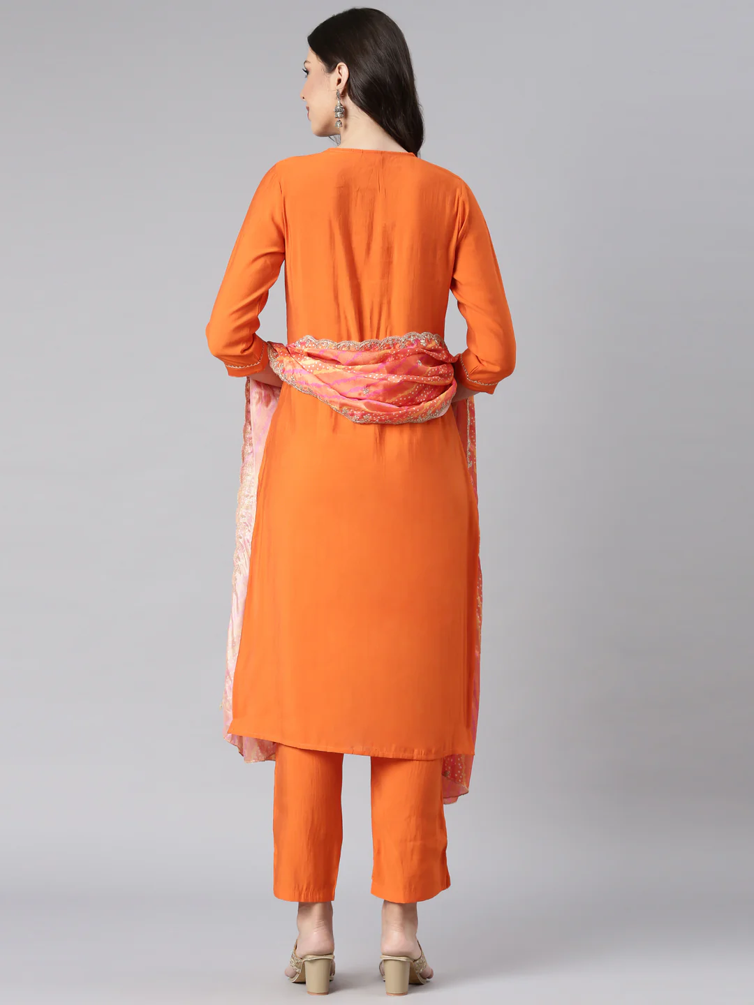 Neerus Orange Solid Straight Kurta and Trousers With Dupatta - Image 3