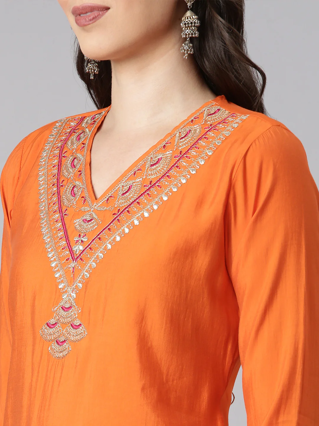 Neerus Orange Solid Straight Kurta and Trousers With Dupatta - Image 4