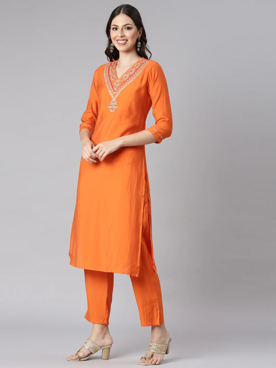 Neerus Orange Solid Straight Kurta and Trousers With Dupatta - Image 5