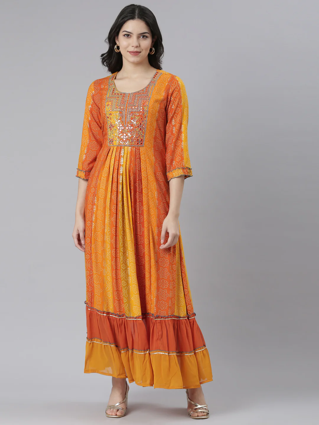 Neerus Orange Straight Casual Floral Dresses
