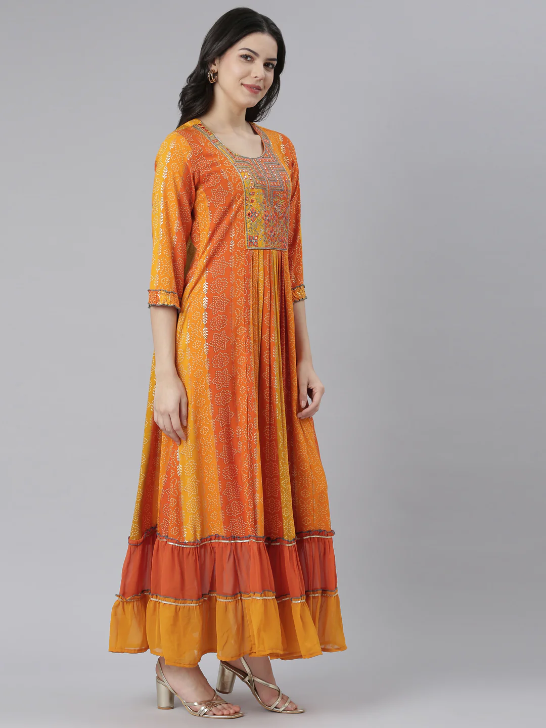 Neerus Orange Straight Casual Floral Dresses - Image 2