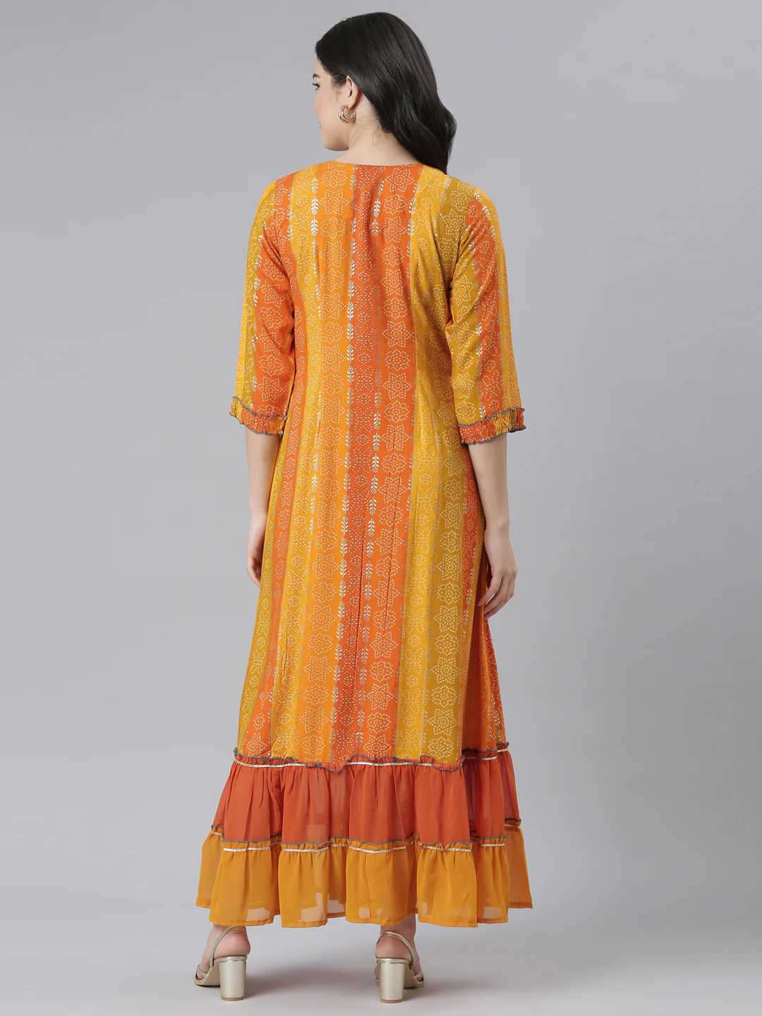 Neerus Orange Straight Casual Floral Dresses - Image 3