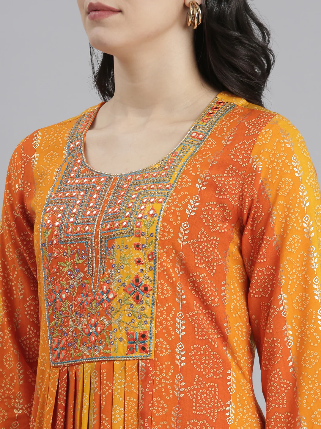 Neerus Orange Straight Casual Floral Dresses - Image 5