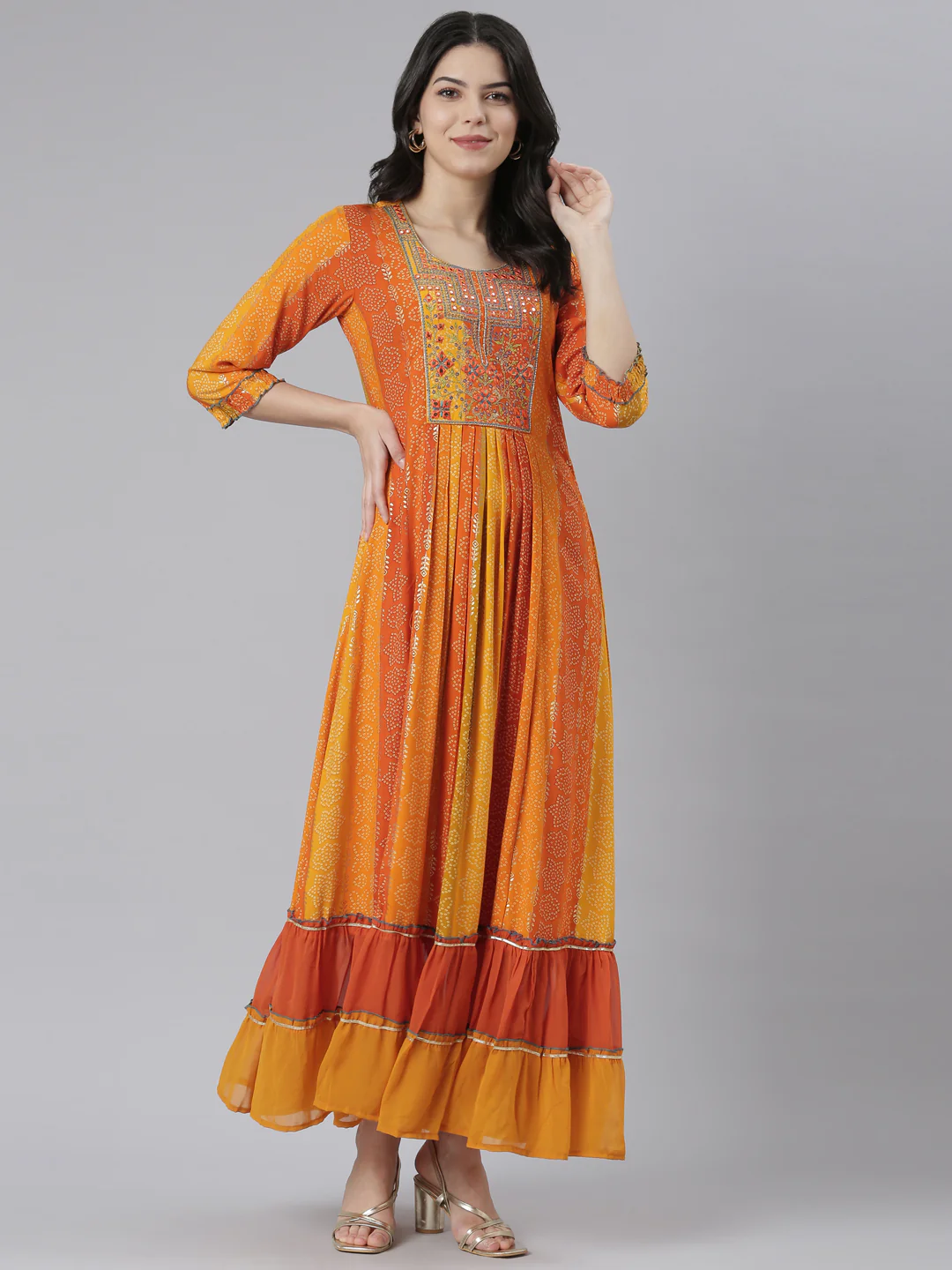Neerus Orange Straight Casual Floral Dresses - Image 6