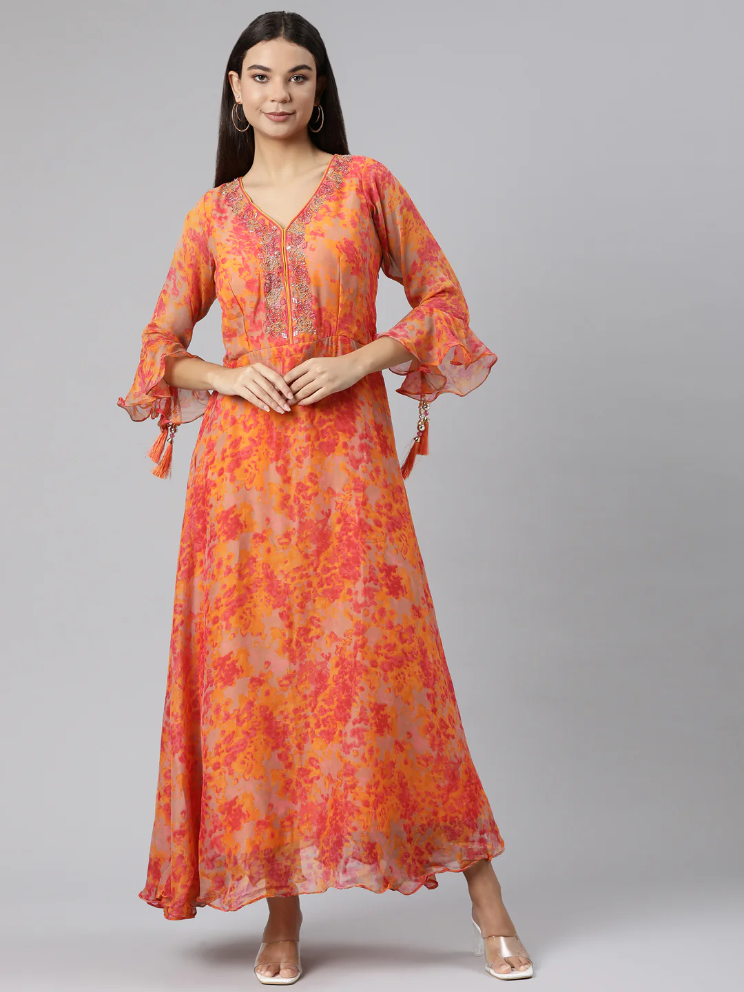 Neerus Orange Straight Casual Floral Dresses
