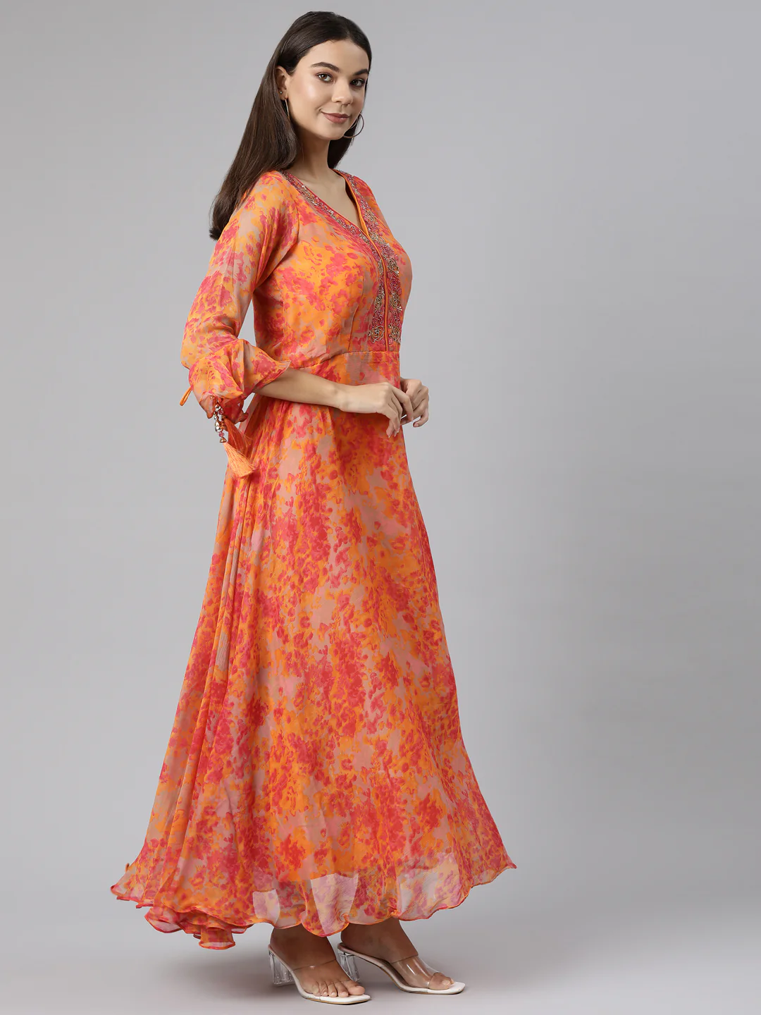 Neerus Orange Straight Casual Floral Dresses - Image 2