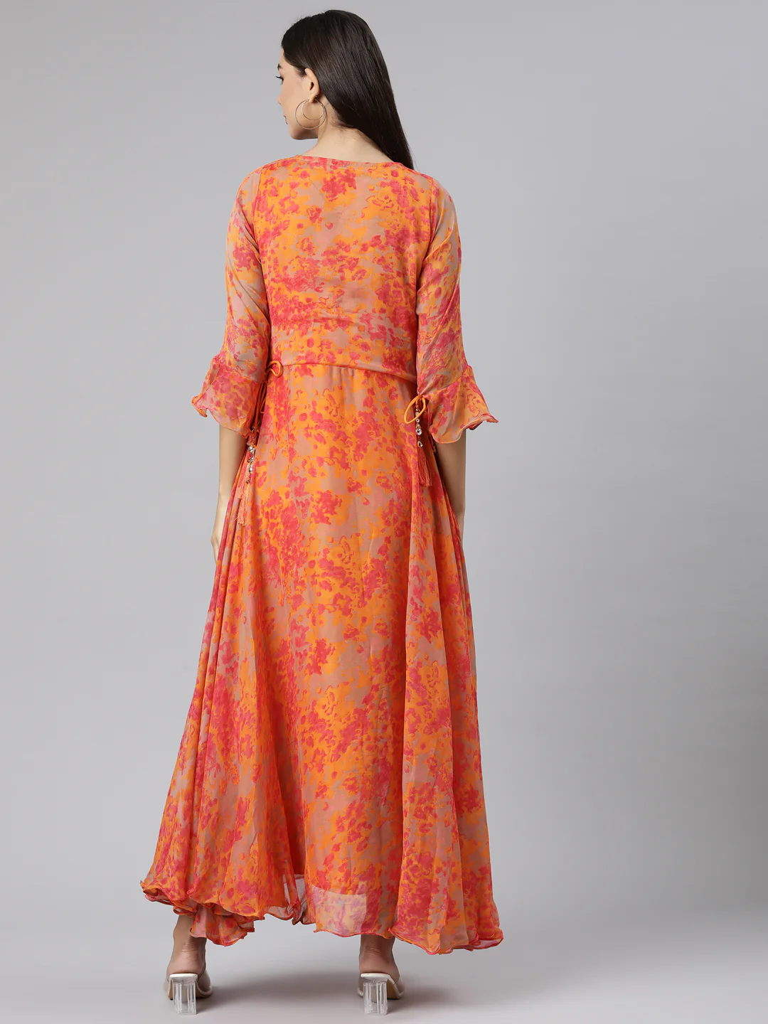 Neerus Orange Straight Casual Floral Dresses - Image 3