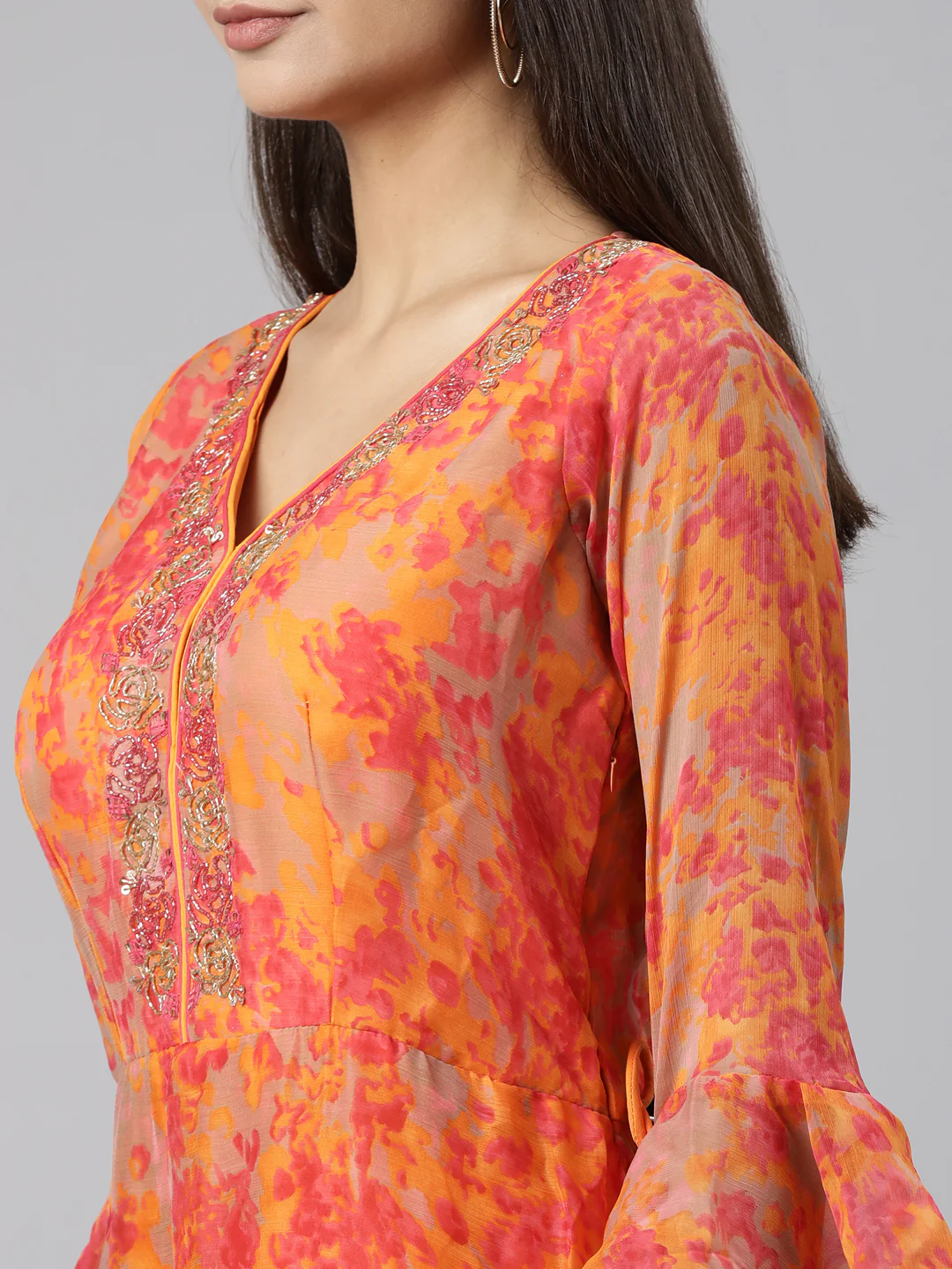 Neerus Orange Straight Casual Floral Dresses - Image 5