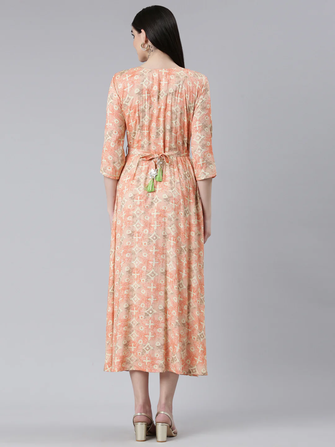 Neerus Orange Straight Casual Printed Dress - Image 3