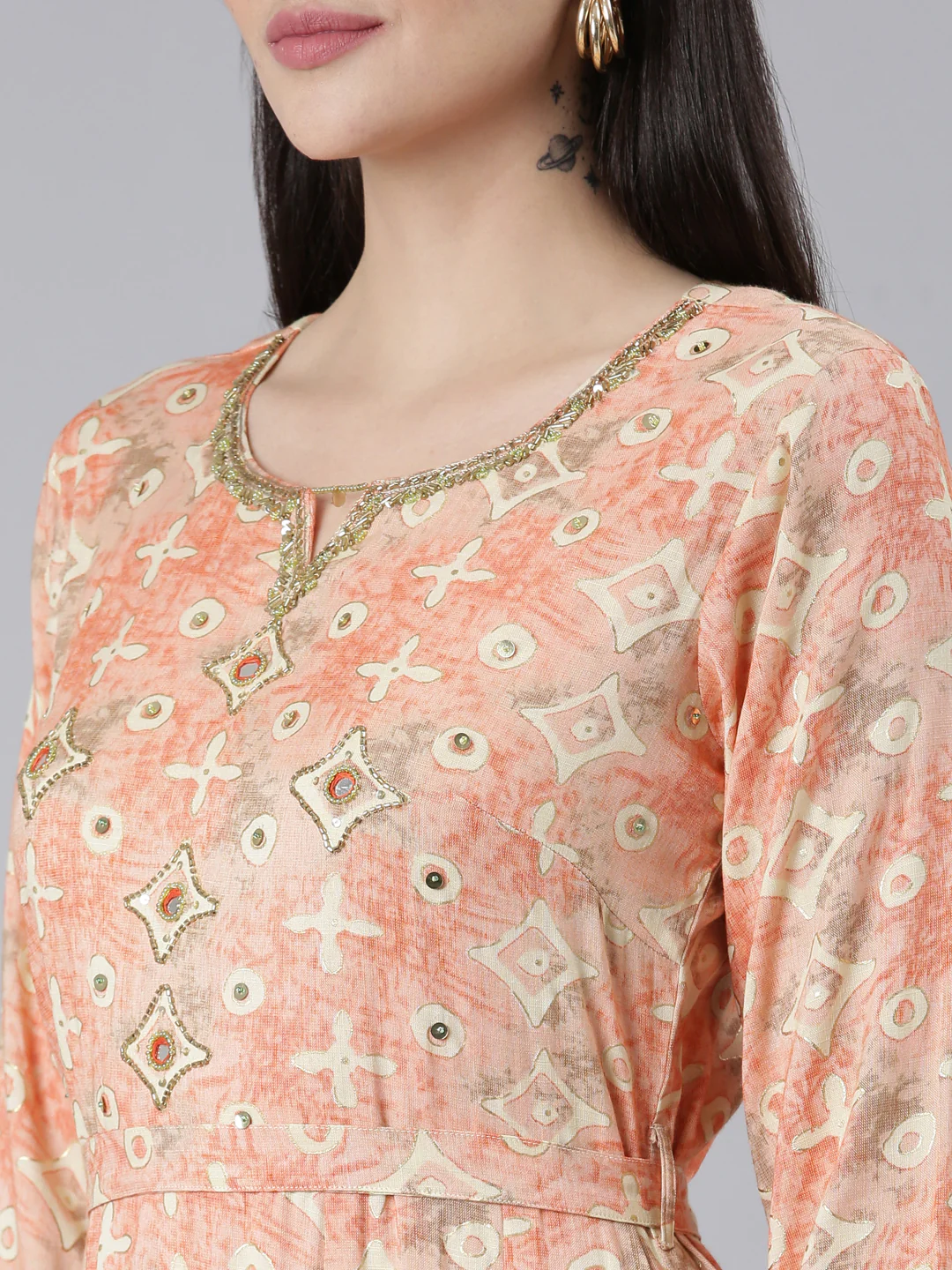 Neerus Orange Straight Casual Printed Dress - Image 4