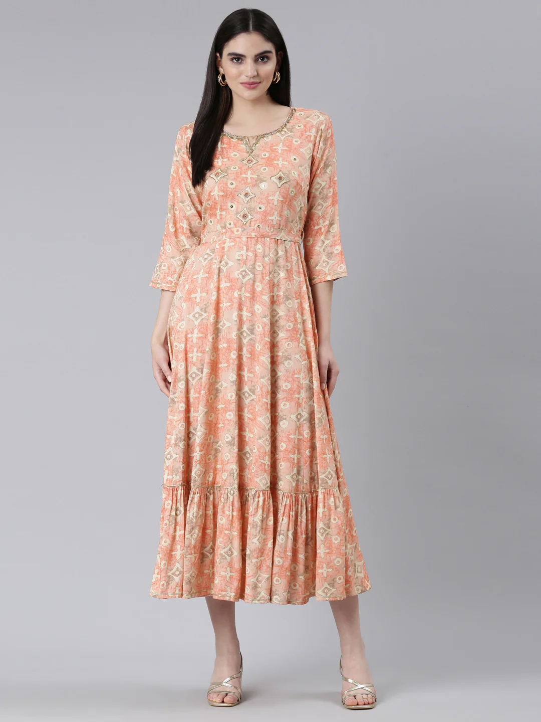 Neerus Orange Straight Casual Printed Dress - Image 5