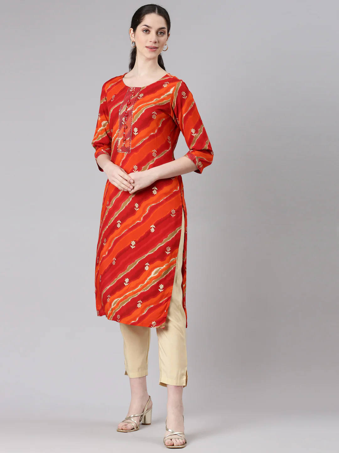 Neerus Orange Straight Casual Striped Panelled Kurta - Image 2