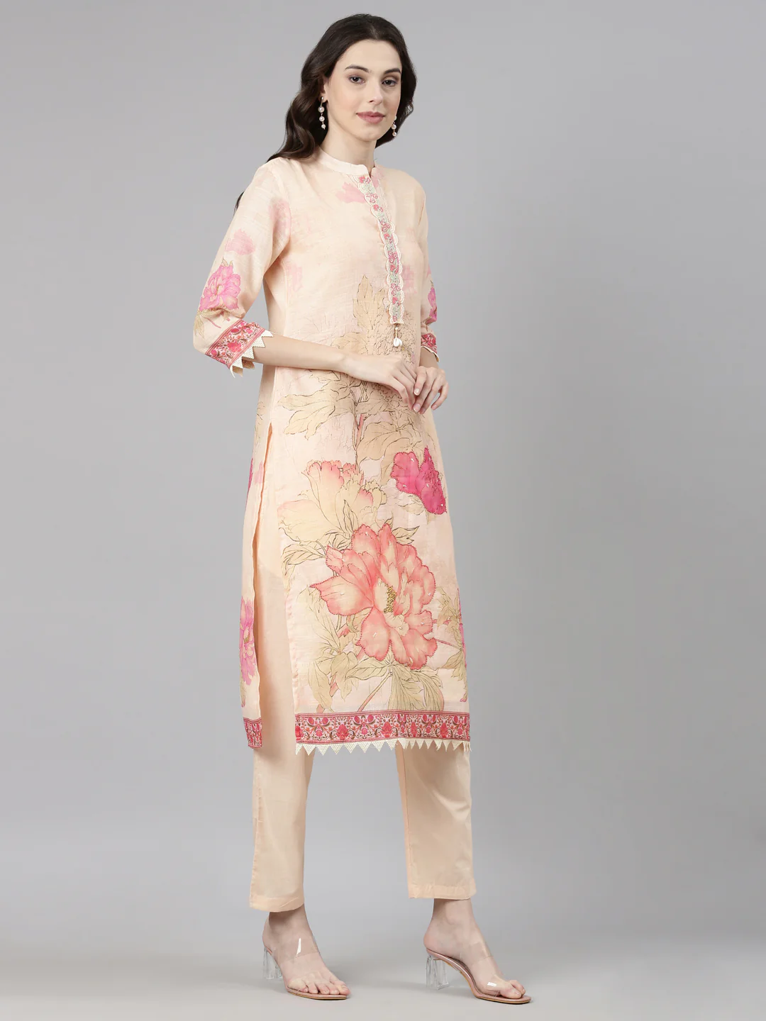 Neerus Peach Casual Floral Straight Kurta and Trousers With Dupatta - Image 3