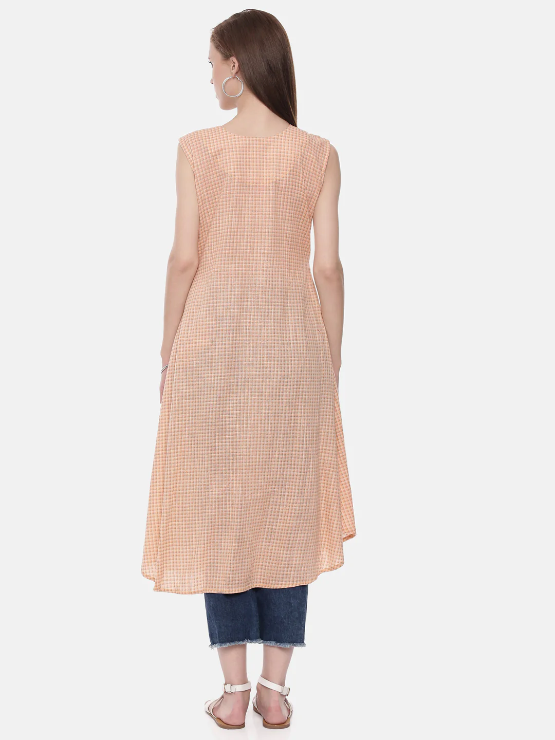 Neerus Peach Check Flared Kurta - Image 5