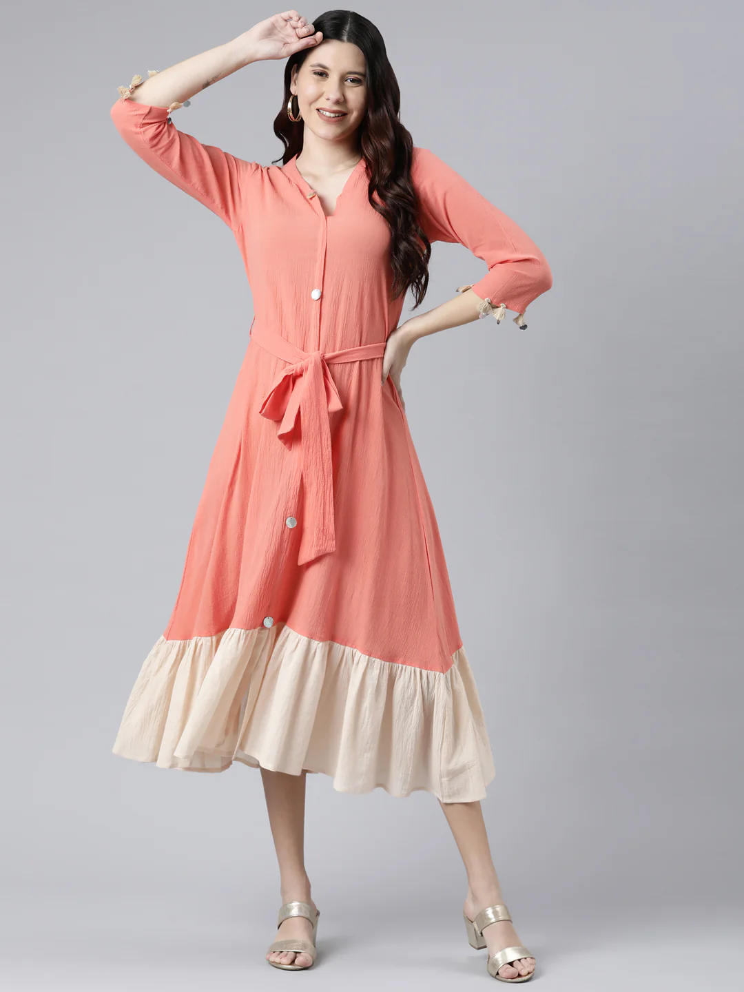 Neerus Peach Color Chiffon Fabric Dress - Image 5