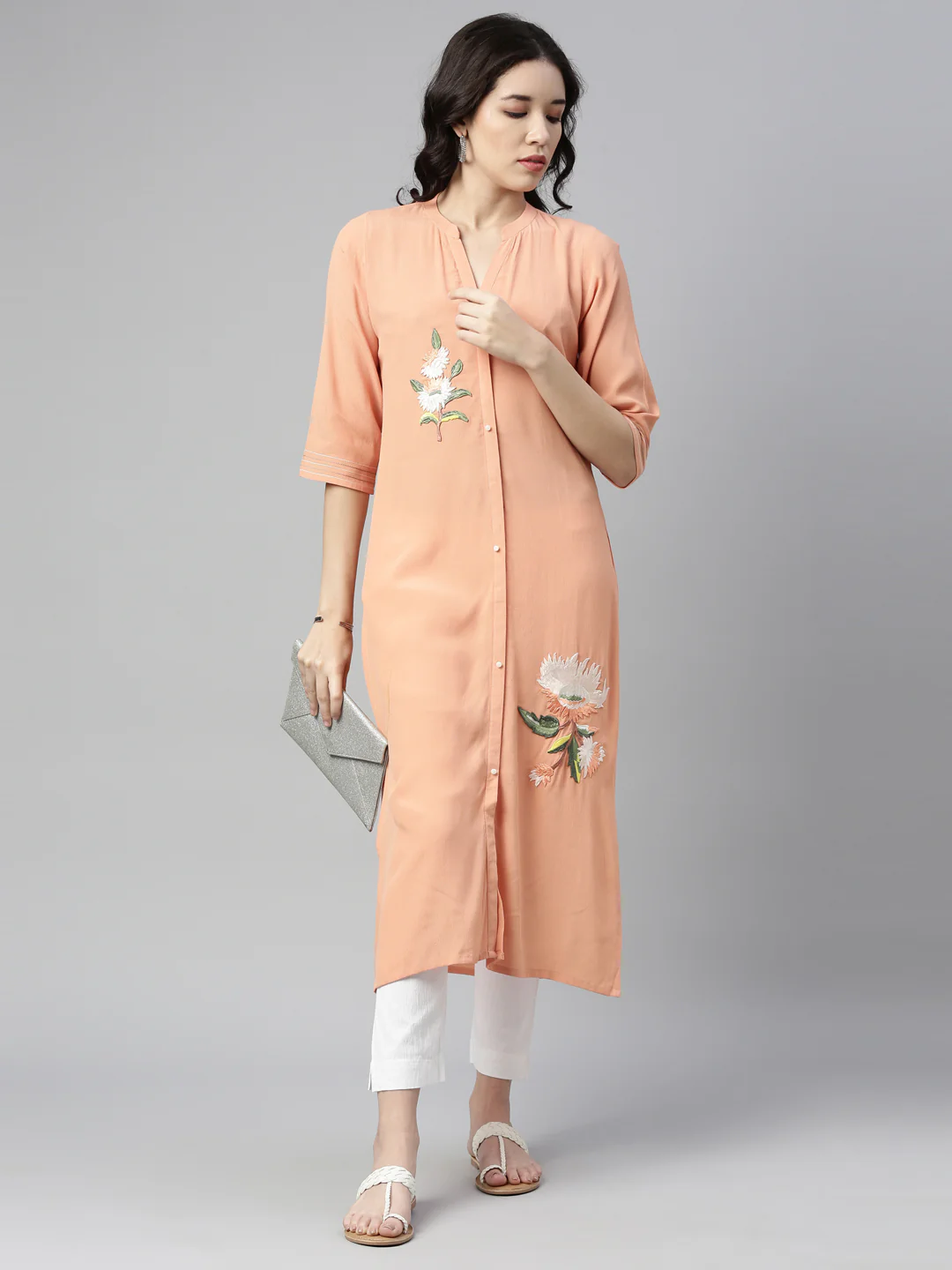 Neerus Peach Color Chiffon Fabric Kurta - Image 4