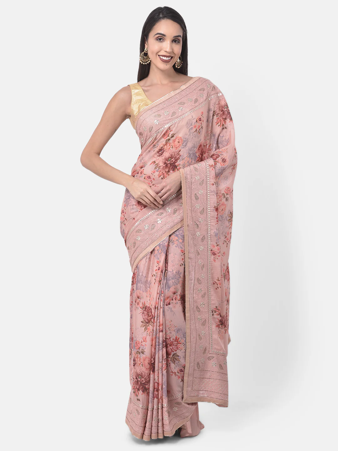 Neerus Peach Color Crepe Fabric Saree