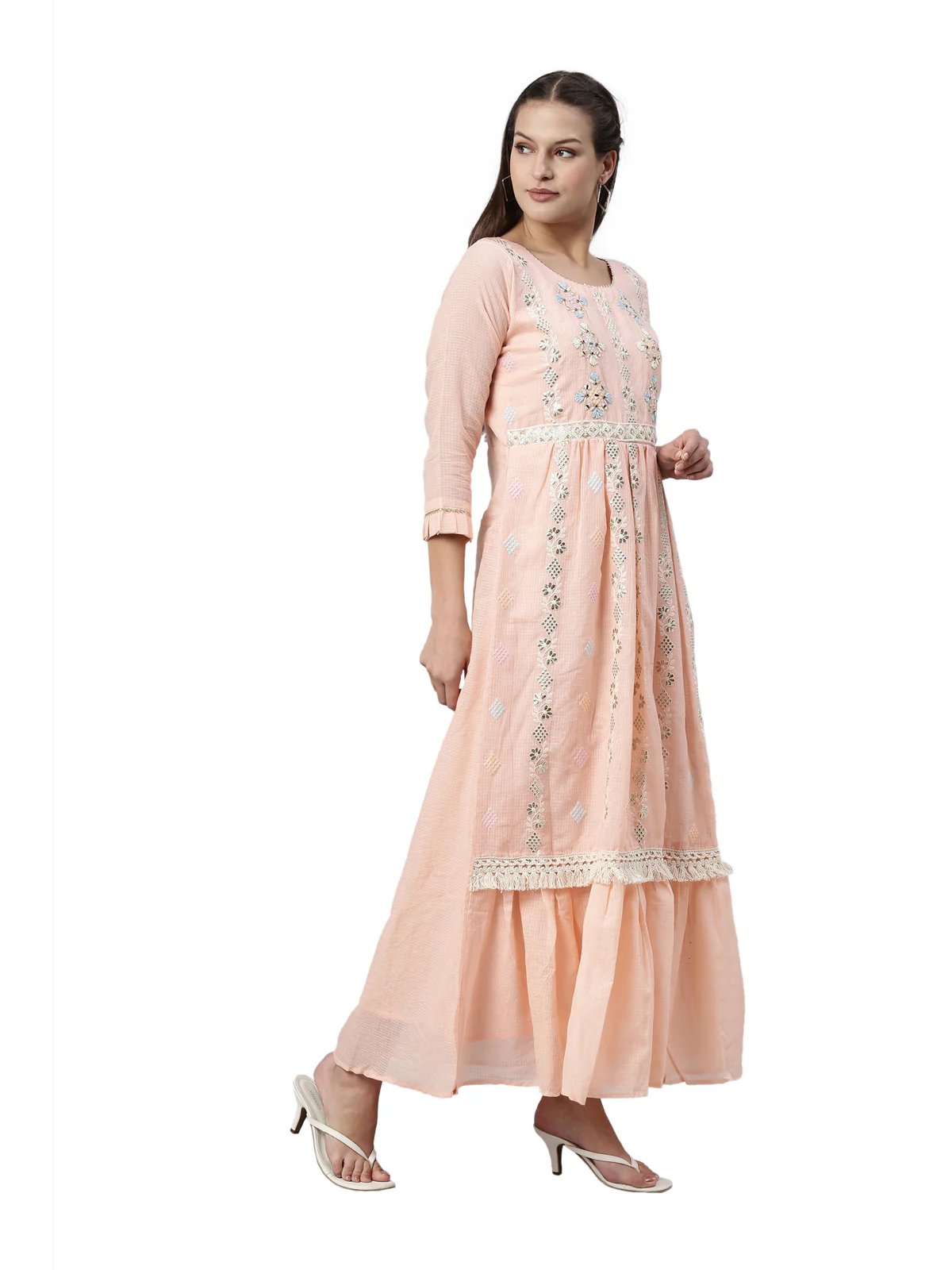 Neerus Peach Color Kota Fabric Kurta - Image 4
