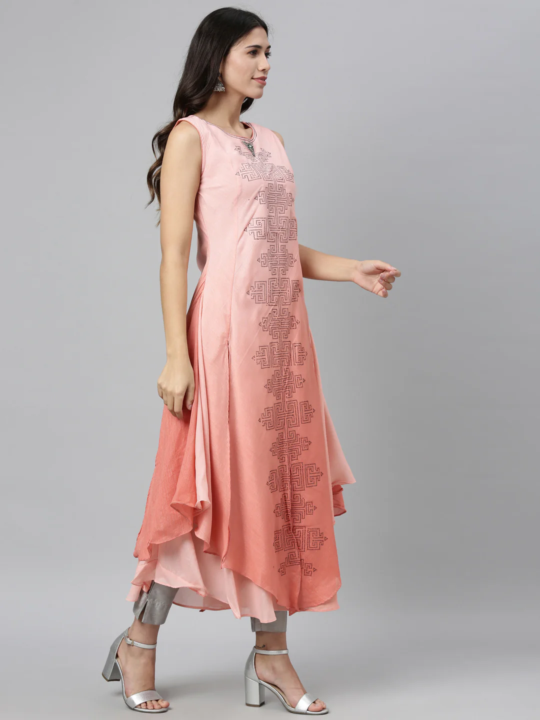 Neerus Peach Color Silk Fabric Kurta - Image 2