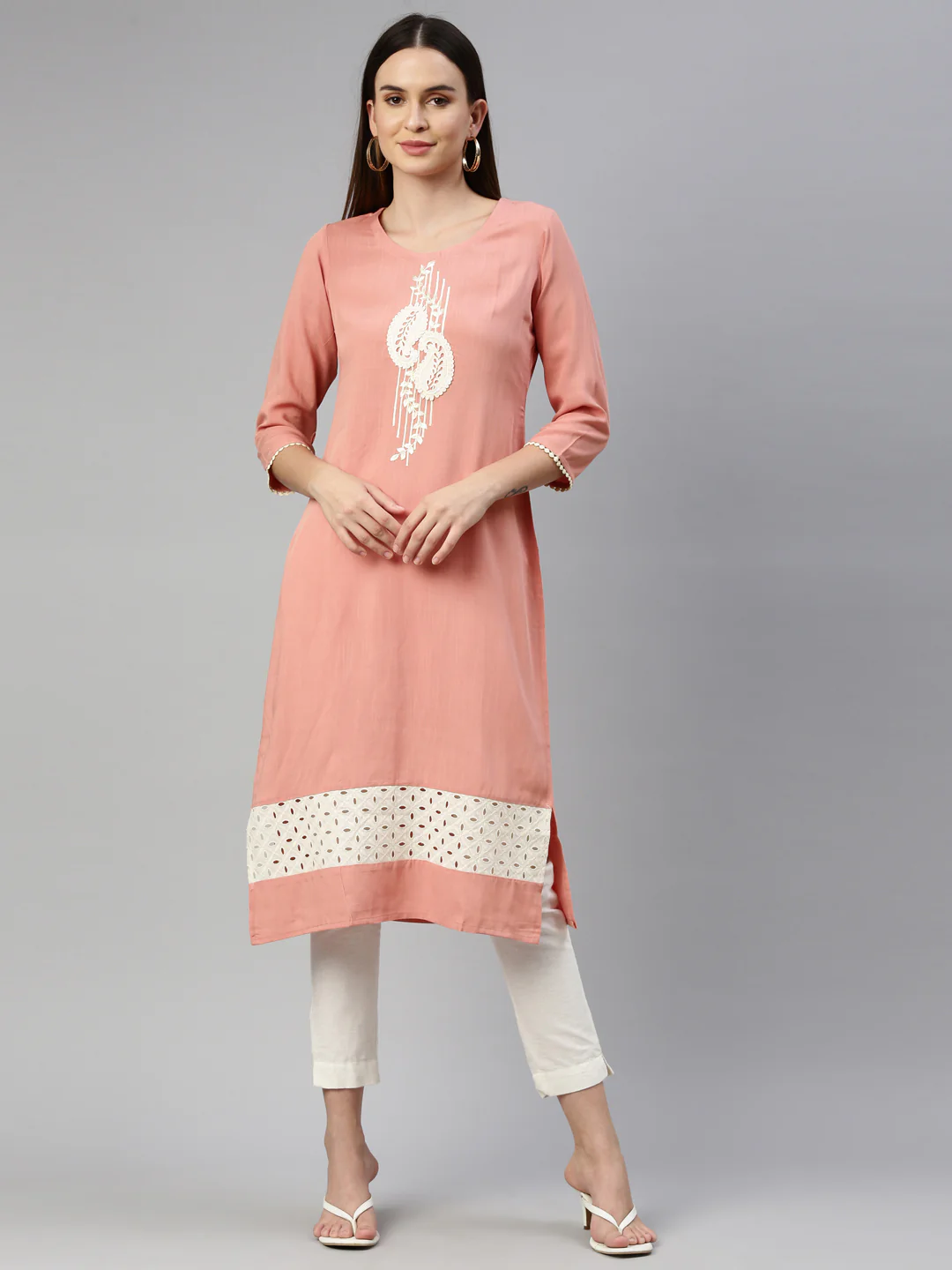 Neerus Peach Color Slub Rayon Fabric Kurta