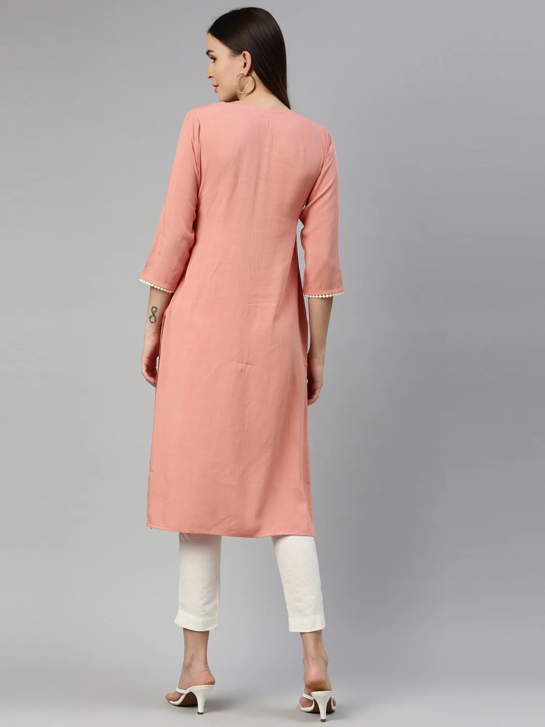 Neerus Peach Color Slub Rayon Fabric Kurta - Image 5