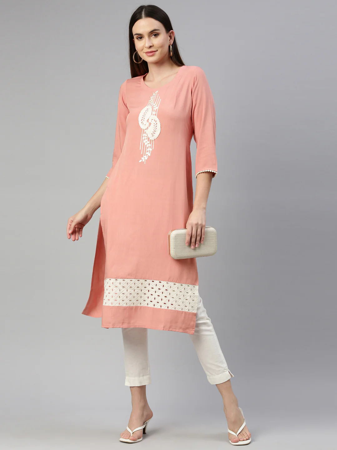 Neerus Peach Color Slub Rayon Fabric Kurta - Image 6
